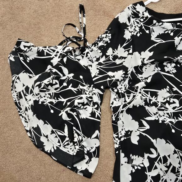 Worthington Womens Dress Black White Floral Lace Up Flutter Sleeve Flowy Large - Picture 5 of 10